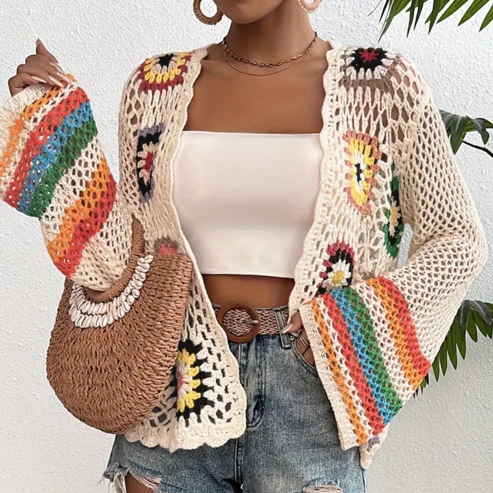 Crochet Rainbow 🌈 open Knit crochet Cardigan Sweater with Big Bell Sleeves